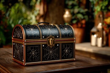 Treasure chest adorned with intricate web designs sits elegantly on a wooden table amidst lush greenery, inviting curiosity and adventure