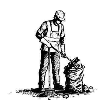street cleaner sweeping trash into bag clip art preview