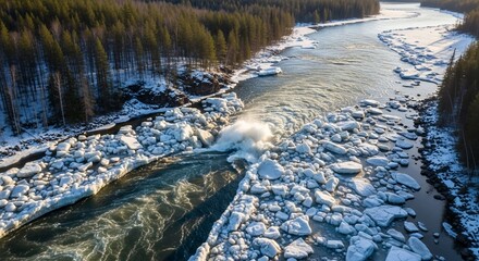 Aerial view of a partially frozen river with ice floes and a turbulent waterfall