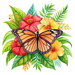 Monarch Butterfly on Tropical Hibiscus Flowers. Watercolor Illustration.