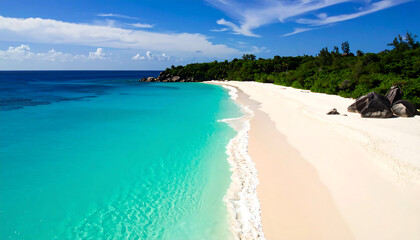 An alluring, serene tropical beach with crystal clear waters and a stretch of sandy shore. 