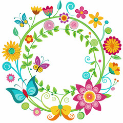 Whimsical Floral Wreath with Colorful Flowers and Butterflies.