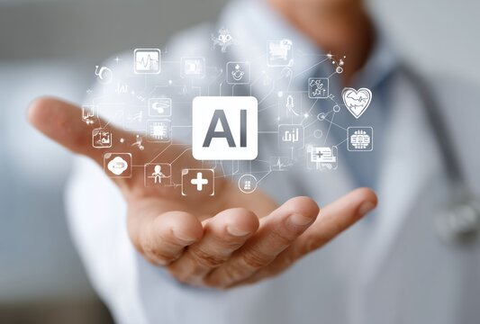 A male doctor in a white coat presents an array of AI healthcare icons hovering above his hand. The setting conveys innovation in medical technology.