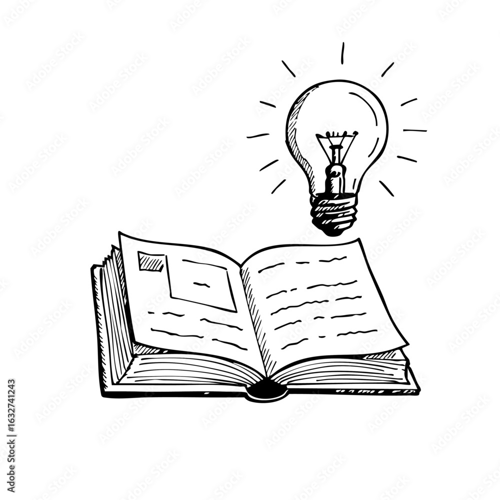 Poster open book idea with glowing bulb above shows knowledge and inspiration. open book idea, symbolic of 