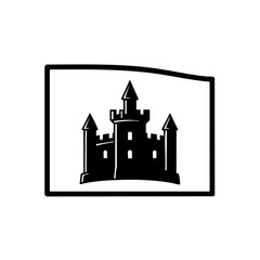 Obraz premium Black and white castle illustration with stylized towers and medieval design. Castle drawing showcases imposing walls and sharp spires, in a simplified representation.