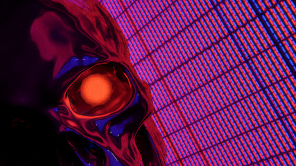 Retro abstract background with shiny metallic skull shape on crt dark background