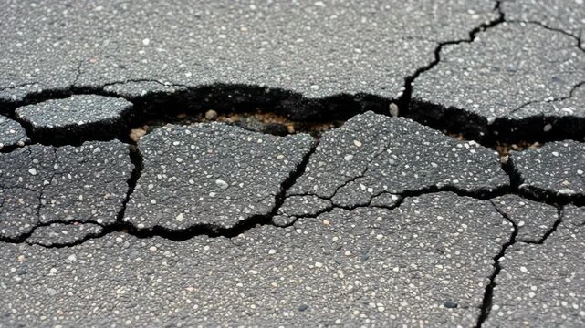 Dramatic asphalt cracking on road surface illustrating infrastructure deterioration over time