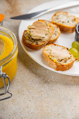 Foie gras goose liver appetizer delicacy fresh delicious gourmet food background on the table...
