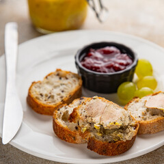 Foie gras goose liver appetizer delicacy fresh delicious gourmet food background on the table rustic food top view copy space