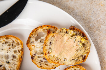 Foie gras goose liver appetizer delicacy fresh delicious gourmet food background on the table rustic food top view copy space