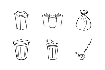 Vector Trash Can Icon. A split bin for waste sorting, three bin waste, a trash bag, a trash picker and  more. Vector illustration