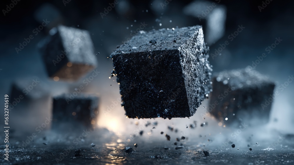 Poster dramatic close-up of floating textured cubes with ethereal mist atmosphere