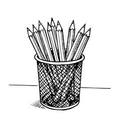 Simple pencil drawing featuring a set of pencils in a metal holder for use in school or office. Simple pencil drawing shows several pencils in container,
