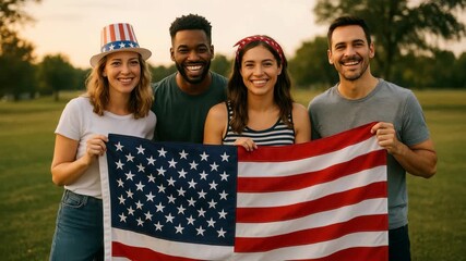 A joyful group of friends holding an American flag outdoors. Captured at eye level, perfect for a celebratory video theme with a patriotic vibe.