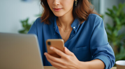 A focused businesswoman working from home with smartphone and laptop