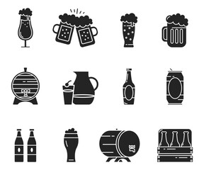 Black and white beer icons: mugs, bottles, barrels, cans; brewery, pub, alcohol, beverage, drink, celebration, festive, Vector.