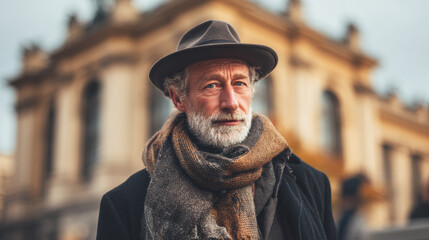 Stylish older man in a hat and scarf, standing confidently in autumn city background