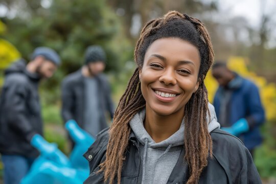 A smiling woman enjoys her time volunteering in a community garden with friends in the background planting flowers and helping the environment