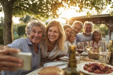 A joyful family captures a selfie during a sunny outdoor meal surrounded by delicious food and warm smiles