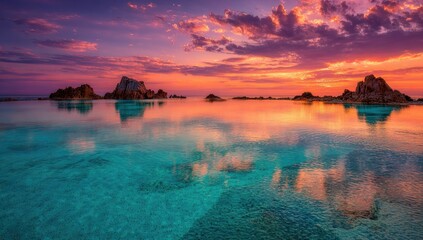 Obraz premium Coastal pool sunset reflection, vibrant sky, rocks