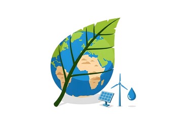 Sustainability: Leaf-shaped Earth globe, solar panel, and wind turbine