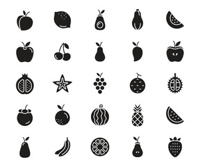 Collection of Simple Black Fruit Icons: Apples, Pears, Bananas, Berries, and More.