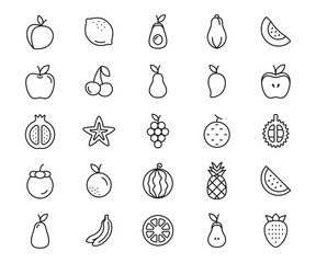 Collection of Simple Line Art Fruit Icons: Apples, Bananas, Berries, and More.