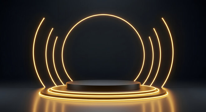Illuminated stage podium with glowing rings