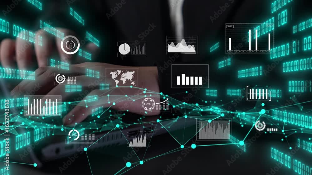 Poster a focused digital data analysis scene featuring hands working on a tablet, surrounded by vivid chart