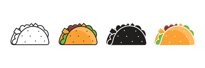 Delicious Taco Icons: Four Variations &ndash; Line Art, Filled, and Color Options for Vector.
