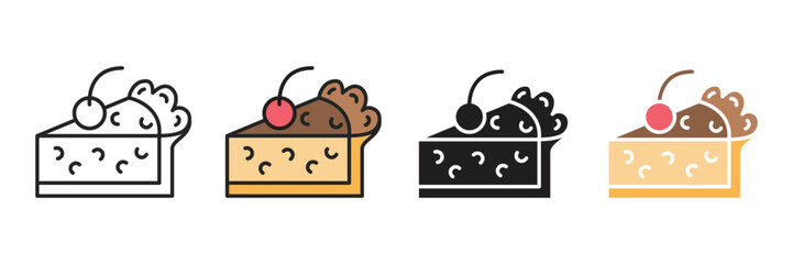 Four Style Options: Cherry Cake Slice Icon Set, Line, Color, Filled, and Outline Variations.
