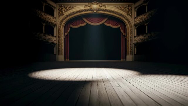 Moody image of a classical drama stage with wooden floor spotlight effect and vintage proscenium arch.