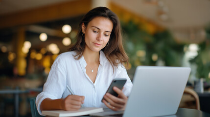 Fototapeta premium Productive woman working remotely at a coffee shop