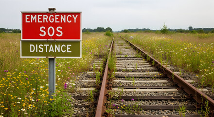 Emergency Sos Distance Sign At Railroad Tracks In Overgrown Meadow
