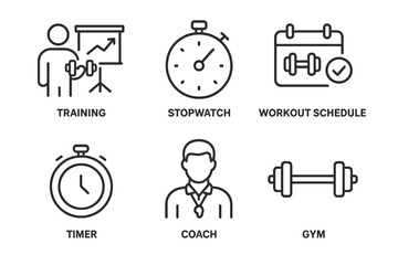 Icons of gym training with coach, stopwatch, and workout schedule