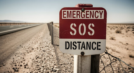 Emergency Sos Distance Sign Stands Guard along a Secluded Desert Road