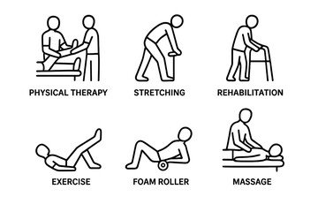 Icons illustrating physical therapy and exercise techniques