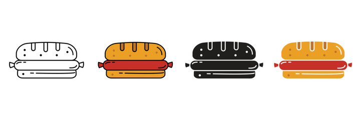 Hot Dog Bun Icon Set: Four Styles, Line Art, Black, and Color Variations Vector.