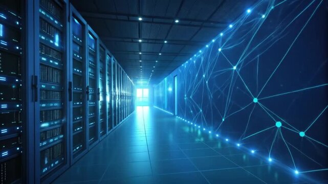 Dynamic server room with network connections glowing in blue light ideal for futuristic technology and AI concepts in data centers