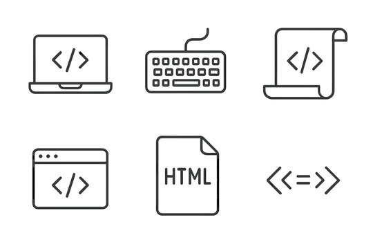 Minimalist coding icons featuring laptop, keyboard, browser, code script, html, and tags