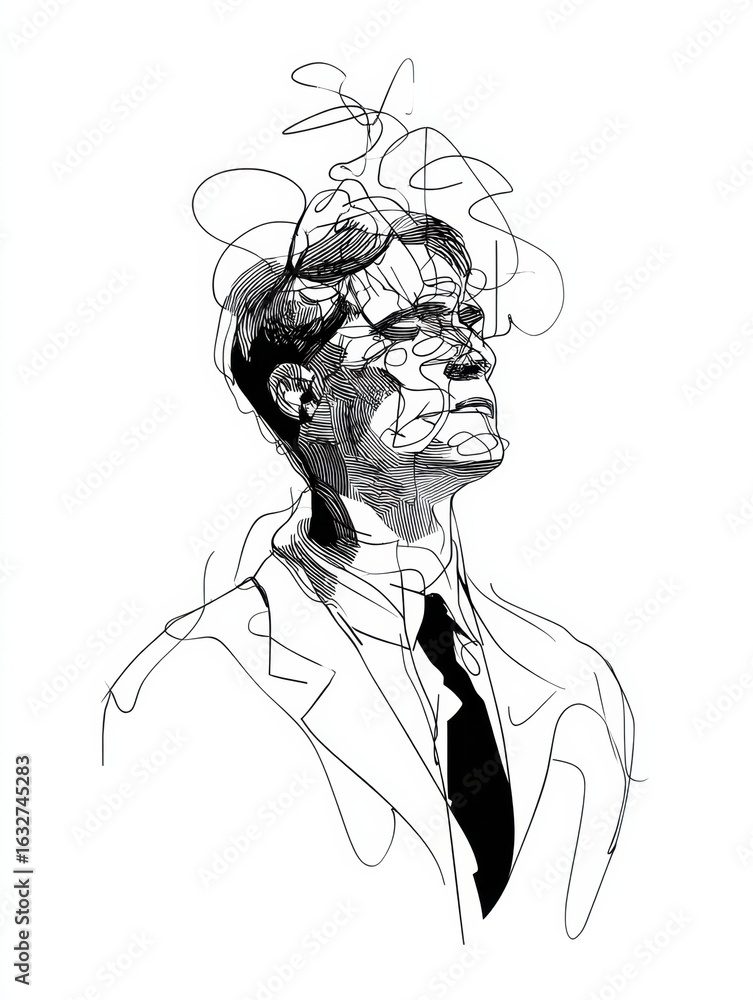 Poster artistic line drawing of a man in a suit with abstract elements depicting thoughts or ideas