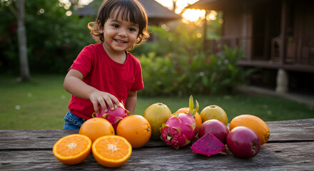 Fototapeta premium A child discovering new Asian fruits