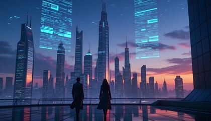 Silhouettes of two people observing a futuristic metropolis skyline with glowing holographic data displays at sunset.