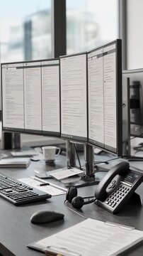 Modern corporate legal office setup with dual monitor displays a compilation of flagged affidavits and a wireless headset resting beside detailed case notes on a clean desk.
