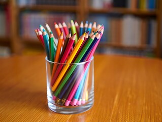 A glass filled with colorful pencils on a wooden table with a bookshelf in the background