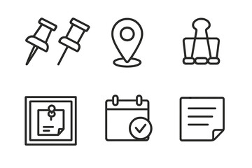 Set of six office icons: pushpins, location, binder clips, notice board, calendar, memo