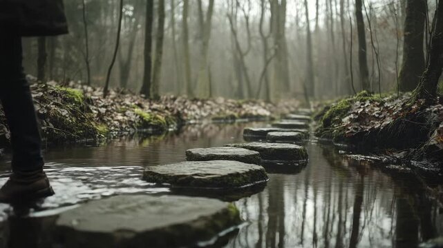 Steps in water, person walking, foggy forest, nature path, rock bridge over river
