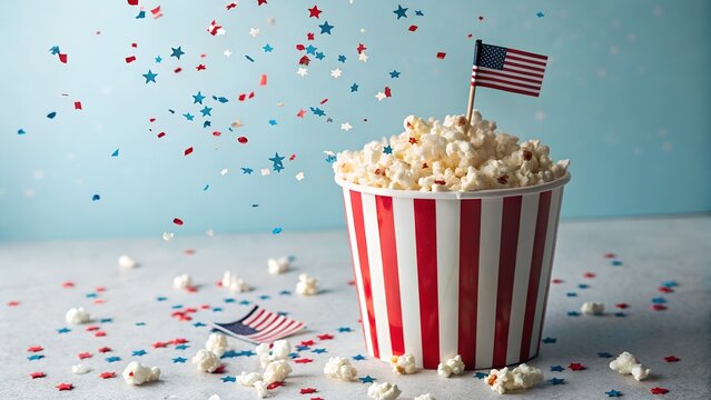 Popcorn bucket with american flag and confetti celebrating independence day