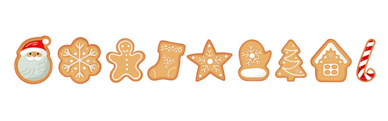 Christmas Vector set of festive gingerbread cookies with Santa, snowflakes, tree, star, mitten, house, and candy cane. Perfect for Christmas designs, cards, and packaging.