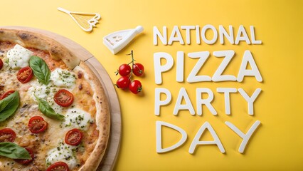 Delicious pizza with national pizza party day text on yellow background